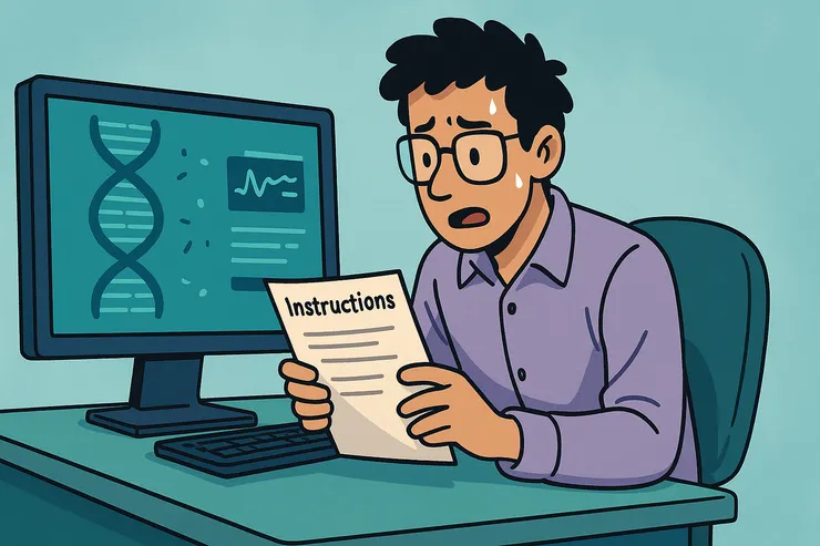 示意圖：筆者正在倉促地參考電腦使用說明（由 ChatGPT 繪製）