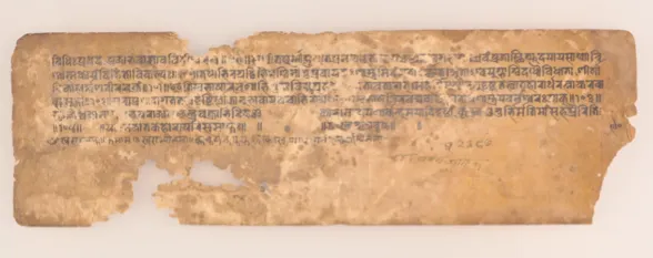 《Yavanajātaka》抄本殘卷。此文本是將希臘化黃道占星術譯為梵文並整合至印度傳統的核心著作，「Yavana」一詞即指希臘人（愛奧尼亞人），象徵亞歷山大東征後的跨文化科學傳承。