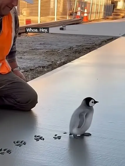 Tiny Penguin Walks on Fresh Cement