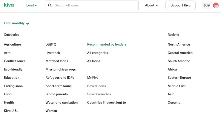 Lend選單:可以依照分類、推薦、地區等等篩選