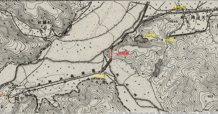 一號隧道的東口應在取水口下游的山凹處 (圖片來源：日治五萬分之一地形圖(陸地測量部))