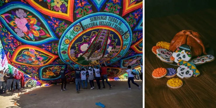 左圖為圓形巨大風箏(圖片取自 Presa Libre),右圖為瓜地馬拉當地的亡靈節造型餅乾與亡靈麵包