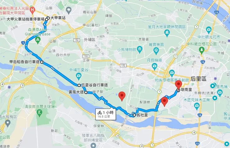 起點大甲車站旁的機車停車場 到終點后里四號公園 由西向東