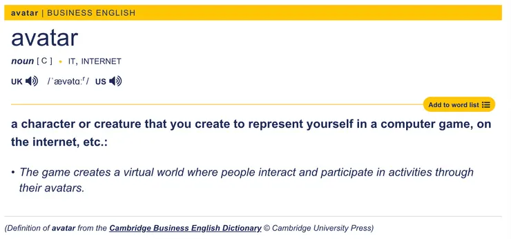 Avatar in Cambridge Dictionary