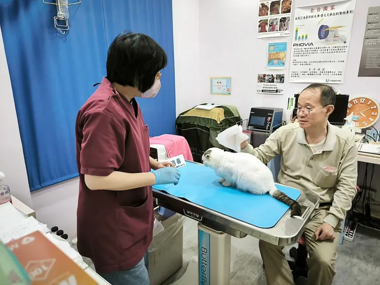 圖說：獸醫師趙婷婷（左）為毛孩進行檢查，皮膚疾病為犬貓常見健康問題之一。（圖／亞洲獸醫專科醫院）