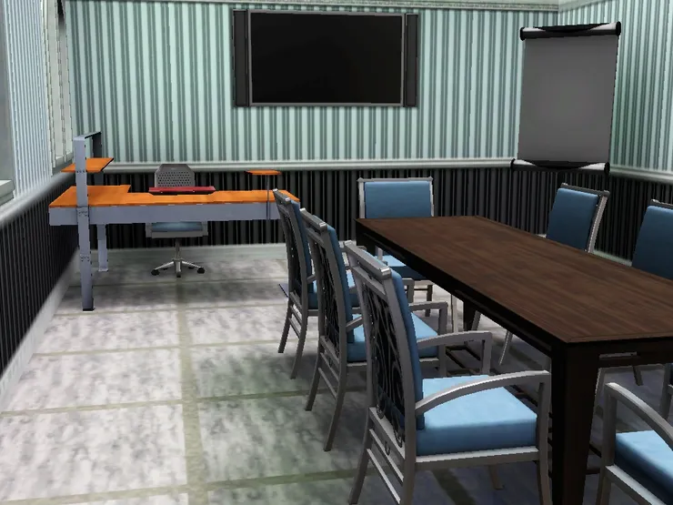 剛看到門也知這是間大房，是個會議室。二樓所有房間除了麥可的辦公室和洗手間外，全都是出租的，所以這個會議室也是用來出租。