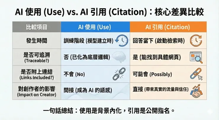 圖 1｜AI 使用與 AI 引用的核心差異對照（White-Lab）