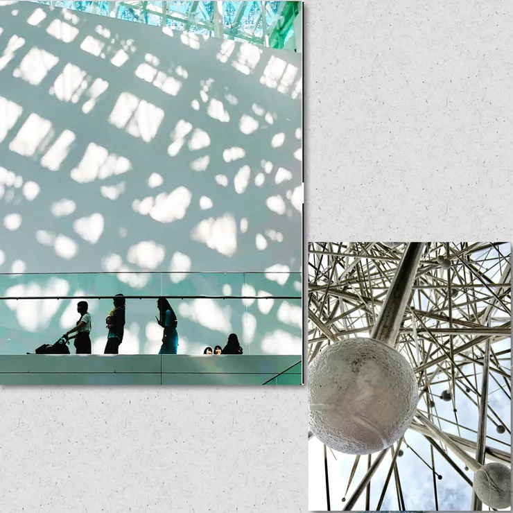 左:台南市立美術館二館,建築師也是隈研吾。我喜歡那天陽光燦爛,建築結構與光影,和行走的人。
右:內湖的網球場館,設計師在大門前做了一個非常具象的裝置作品,很努力,遠看並不美,這是我到此一遊的照片,很多圓形與無數的幾何。