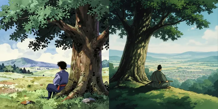 Prompt: A screenshot from a 1990s Japanese anime film. A lone samurai sits under a large ancient tree on a hill, looking at a distant valley. Hand-drawn cel-shading art style, distinct bold black outlines, flat color blocks with hard shadow edges, painted watercolor background layers, slight film grain. (左：Z-Image-Turbo 右：FLUX-2 [dev])