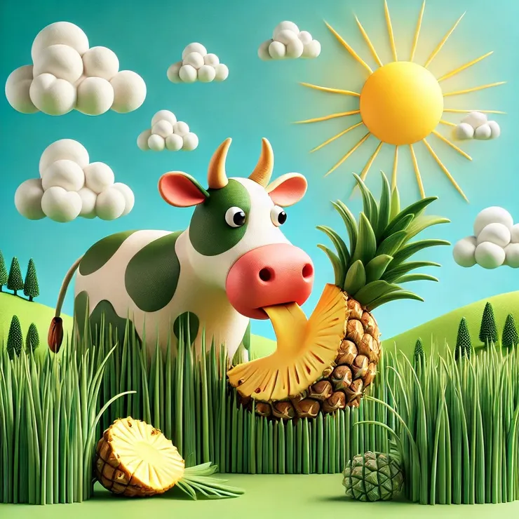 ChatGPT。幫我畫張圖：牛吃鳳梨皮