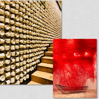 右:2018年為了藝術家塩田千春的大展奔赴東京,就是想看藝術家心中無限蔓延開來的網,到底無極限的要表達什麼情緒,凌亂失序的幾何⋯
左:中目黑區的星巴克,建築師隈研吾。幾何造型的咖啡杯,上下正反的鋪滿整個牆面,我覺得美呆了。