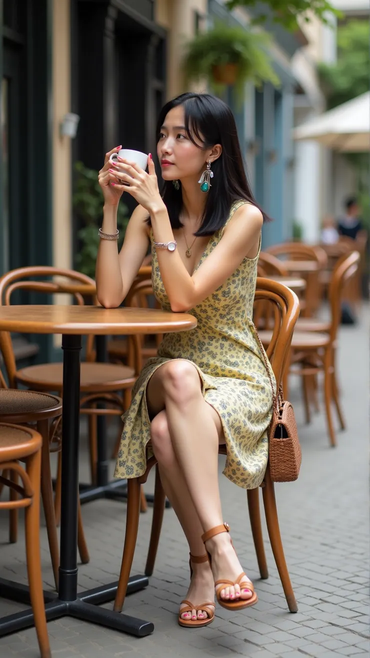 Wrap dress, strappy sandals, statement earrings, woven handbag