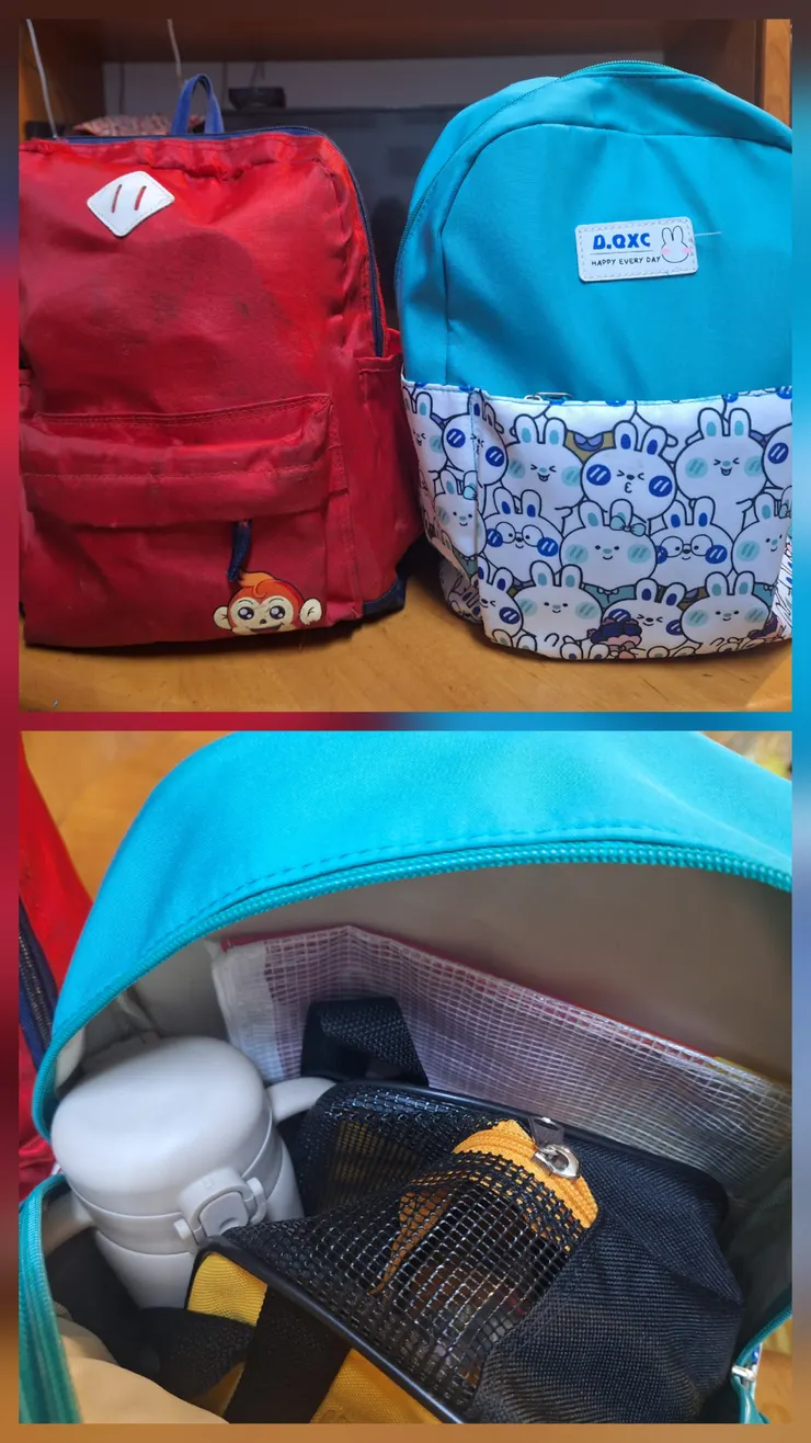 哥哥的書包已有明顯使用痕跡，目前使用兩年，有部分破損，但不影響功能，書包可以塞入餐袋及水瓶，能夠再塞一點衣物，但衛生紙兩包就不行。