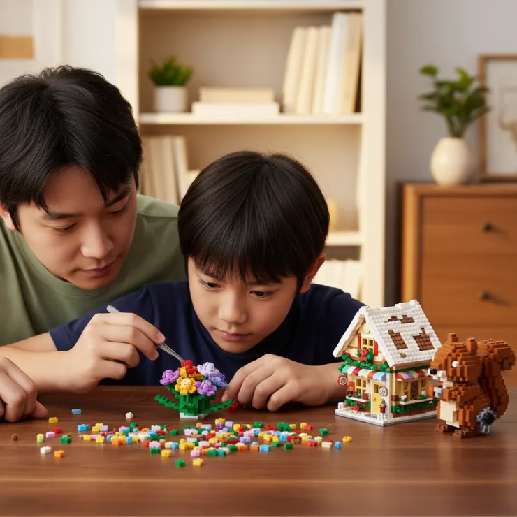 孩子在書桌前專心拼裝微型積木街景模型