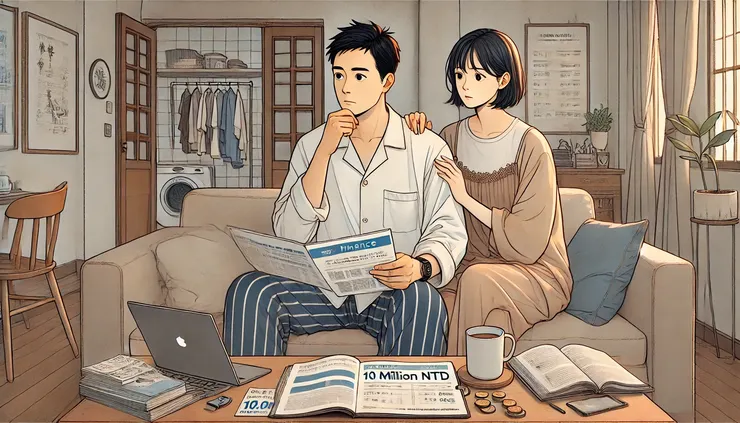 兩人坐在溫馨但不奢華的家裡客廳，桌上有一些理財書、筆記本、筆，還有筆電