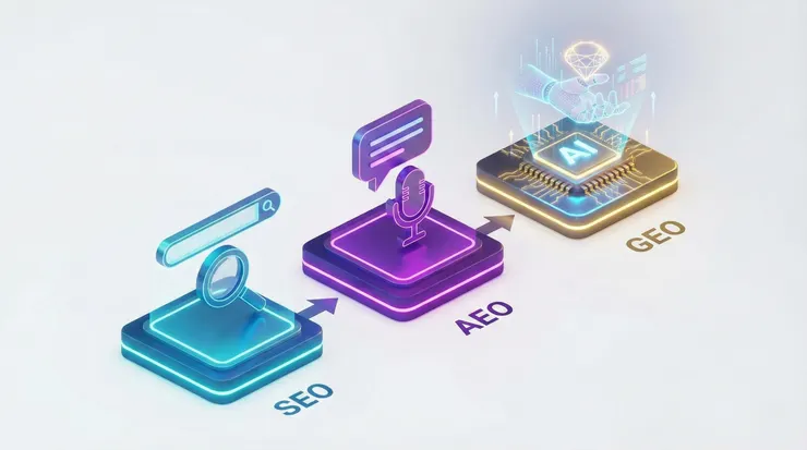 呈現使用者從傳統搜尋列轉換到 AI 對話框的意象