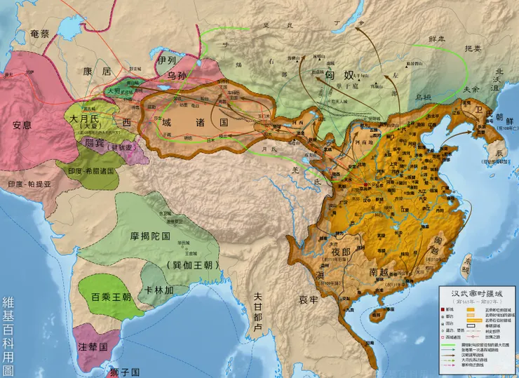 匈奴與鄰邦的領域 | An imagined map of Asia during the reign of the Wu Emperor of China's Han dynasty, in the first few centuries BC |&nbsp;Wikimedia