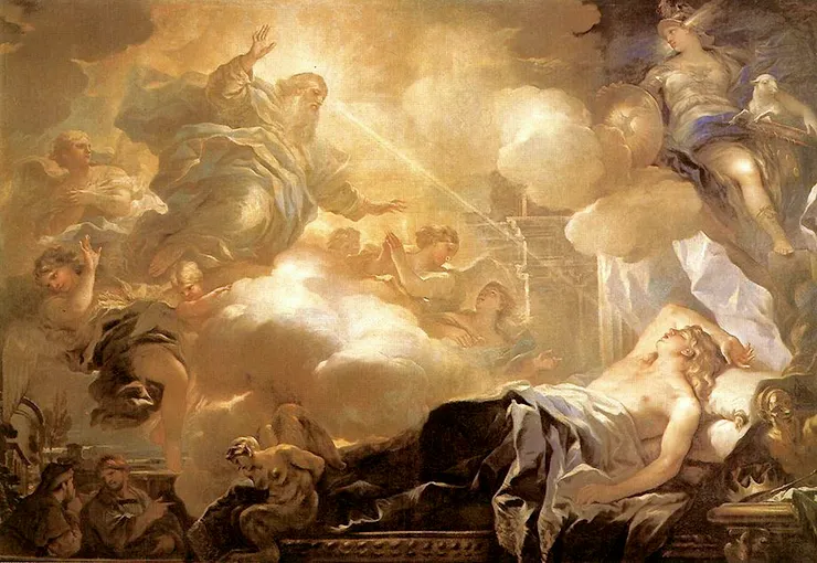 所羅門王是猶太人歷史中最偉大的王，被神賦予神聖之光-Dream of Solomon,Luca Giordano(圖片取自維基百科)