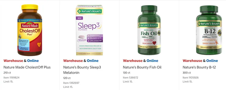 Nature Made 降膽固醇劑 $28.49、Nature's Bounty退黑激素 $22.99、Nature's Bounty魚油 $24.99、Nature's Bounty B-12 $19.99。