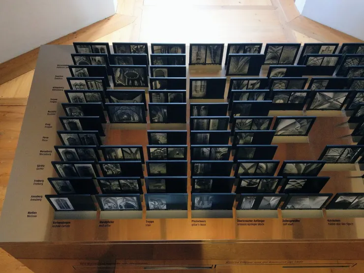 有趣的分類，縱向是歐洲各地的城堡，有布拉格、Albrechtsburg等，橫向是對應不同的位置，如樓梯、開窗等，可對比不同地區城堡的不同風格