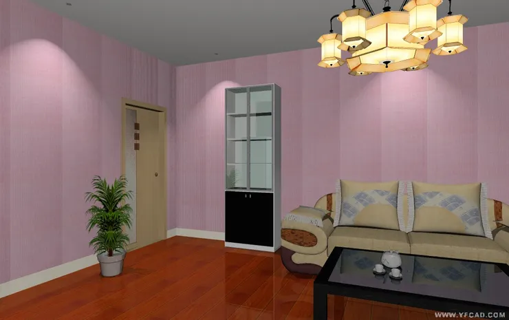 沙發旁放了擺放裝飾品的展示櫃。我想大家留意一下那盞大吊燈，客廳就是有這麼大的吊燈才覺得富麗堂皇。