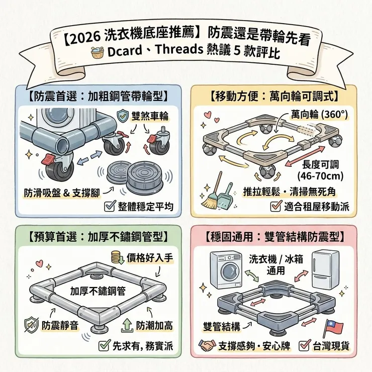 【洗衣機底座推薦】2026 防震還是帶輪先看🧺 Dcard、Threads 常比 5 款增高底座差在哪