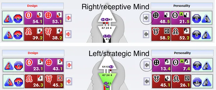 圖上：右向腦，即接收式大腦。圖下：左向腦，即策略式大腦。（圖源：互聯網/FB群組）