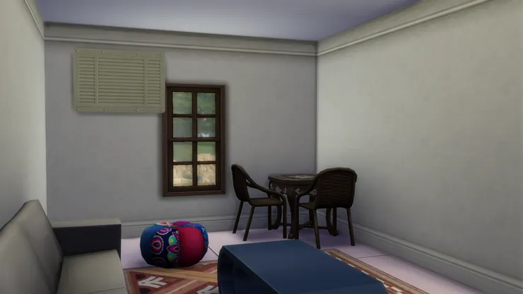 牆壁是簡單的淺灰，配上粉紫色的地板，感覺柔和。