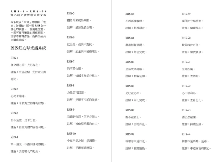 RHS-1～RHS-94 虹心球光譜哲學短詩文本（部分章節參考）RHS-1–RHS-94: Rainbow Heart Sphere Spectral Philosophy Short Poems (Selected Sections)