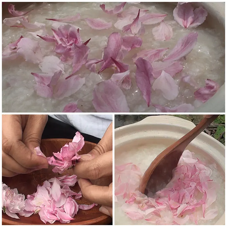 只要將白粥煮熟，在起鍋前，灑上一把新鮮桃花花瓣即可，再依自己的需要調味