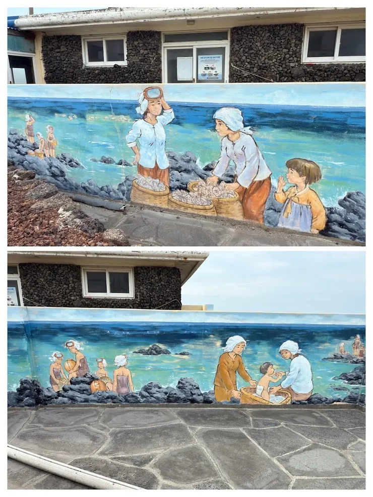 壁畫中海女兼顧工作和育兒,小海女跟著實習。