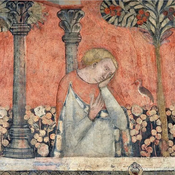 3/4 The story of the Chatelaine of Vergy, painted in the 14th century on the walls of Palazzo Davanzati, Florence.