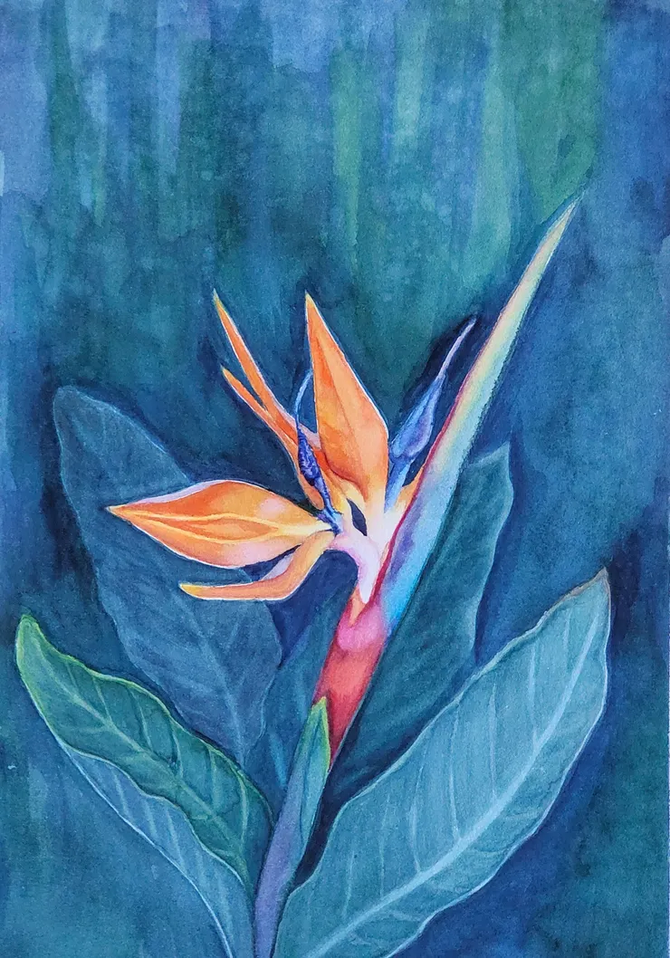 天堂島之一，水彩，8開。老師說葉子畫得太清楚，最好隱入背景中，於是又畫一張。