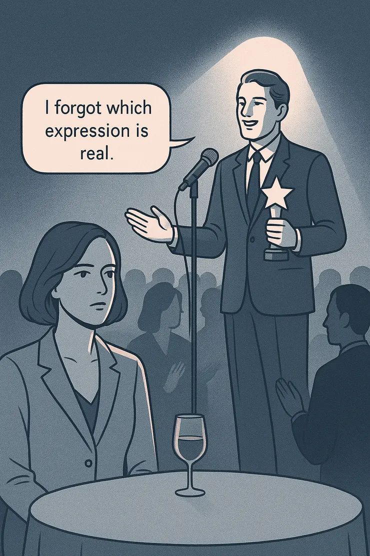 〈週末的聚光燈〉意象示意圖。(她在台下看著他被掌聲淹沒,像是被自己所創造的偶像吞沒,冷靜到近乎悲傷、崩壞。)〈本意象示意圖由AI協助生成。〉