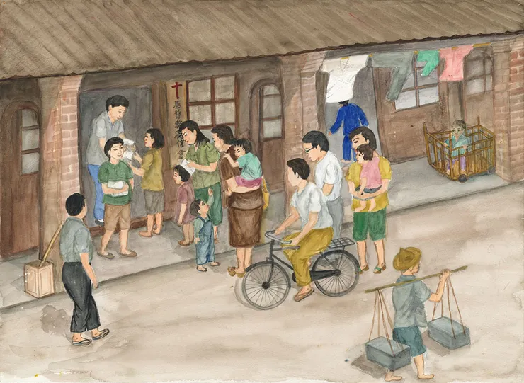 謝招治畫作〈美援物資的配發〉（圖片來源：臺史博線上博物館）