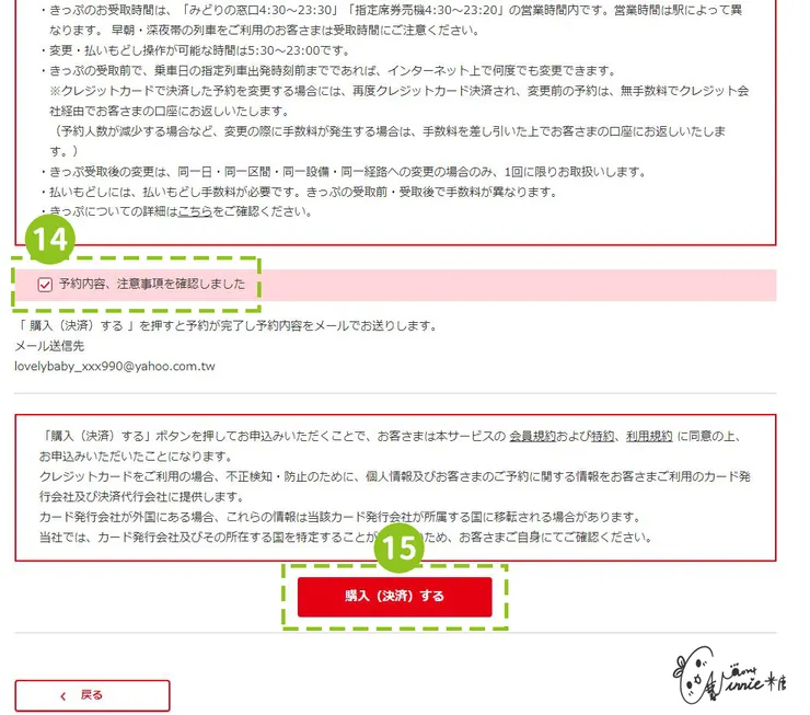 日本九州 || 訂車票-步驟 14 確認資料、步驟 15 付款去