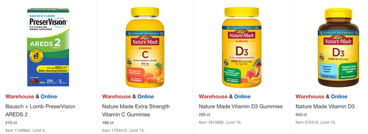 博士倫葉黃素 $34.99,Nature Made維他命C $17.49、D3 (軟糖)$19.49、D3軟膠囊 $16.49。