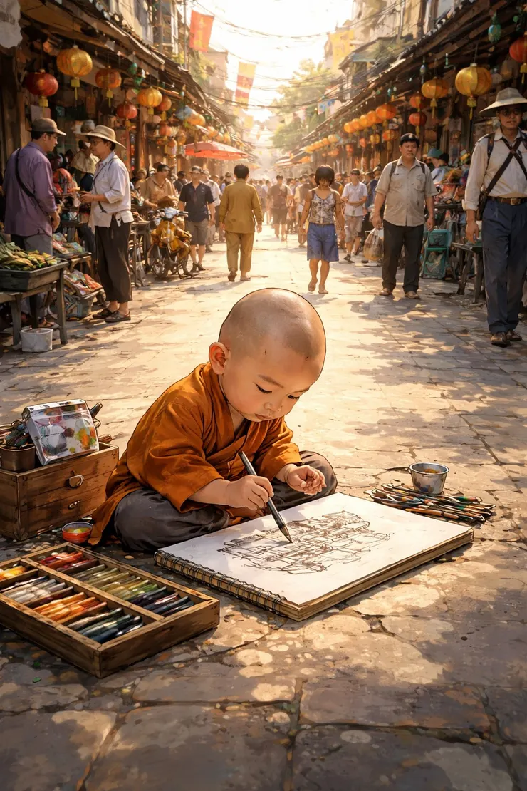 街頭畫畫的小沙彌