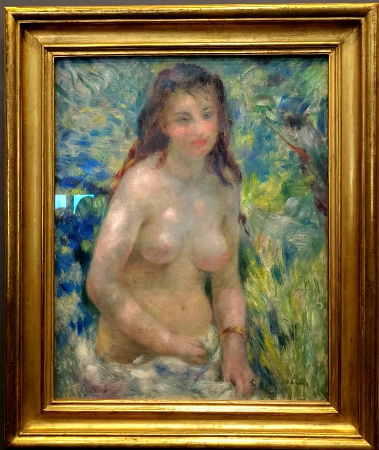 【皮耶-奧古斯特·雷諾瓦（Pierre-Auguste Renoir）油畫《浴女習作：陽光效果》（Study: Torso, Effect of Sun），創作於1875 年至1876 年間。此畫當年也曾飽受學院派譏評。】