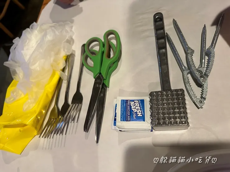 手套、圍兜、叉子、剪刀、酒精片、肉錘、壓鉗，組合成一套手術工具的錯覺