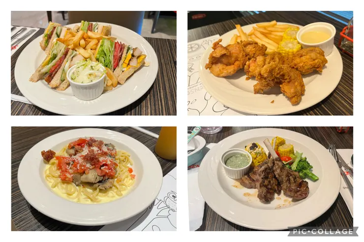 左上總匯三明治、左下奶油義大利麵兒童餐、右上炸雞兒童餐、右下烤羊排。我只有吃到炸雞、羊排跟一點薯條。