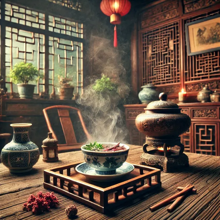 古色古香房間裡的一碗『中藥湯』(小昕咒語Bing繪圖)