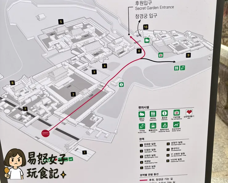 昌德宮售票中心到秘苑入口路線（紅線）（自行拍攝）