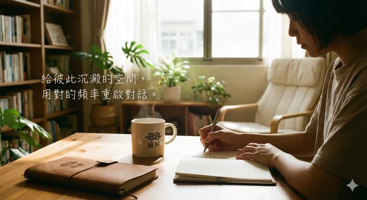 「在安靜明亮的空間中書寫日記，運用情緒降級溝通技巧與自我沉澱來化解感情危機。」  💡 確保不被 Google 降分的圖片 SEO