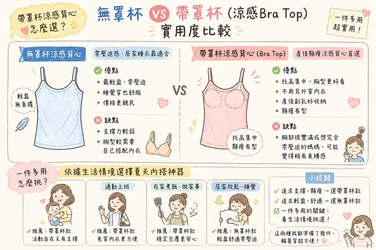 無罩杯 vs 帶罩杯涼感背心比較｜女用涼感Bra Top 夏天內搭怎麼選？輕盈零壓迫 vs 托高顯瘦 一件多用，媽媽實用推薦一次看懂