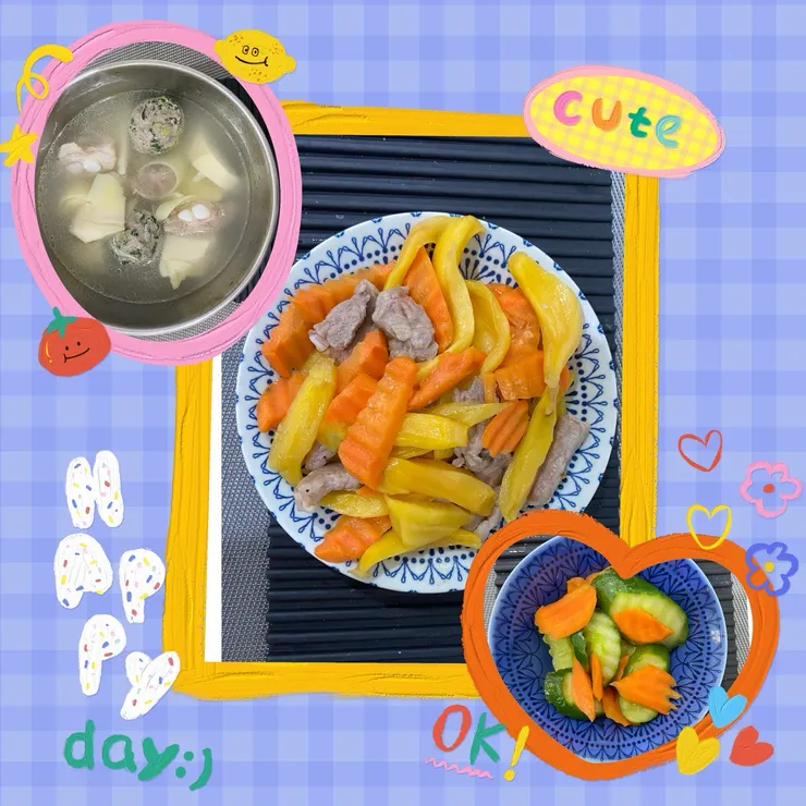 午餐：竹筍丸子湯、涼拌小黃瓜、菠蘿蜜炒肉絲