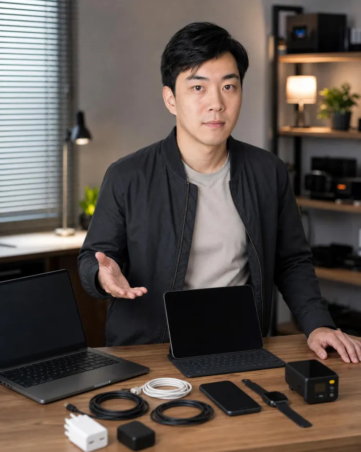 梁练伟对比多台 AI PC 与手机手表设备的选购场景