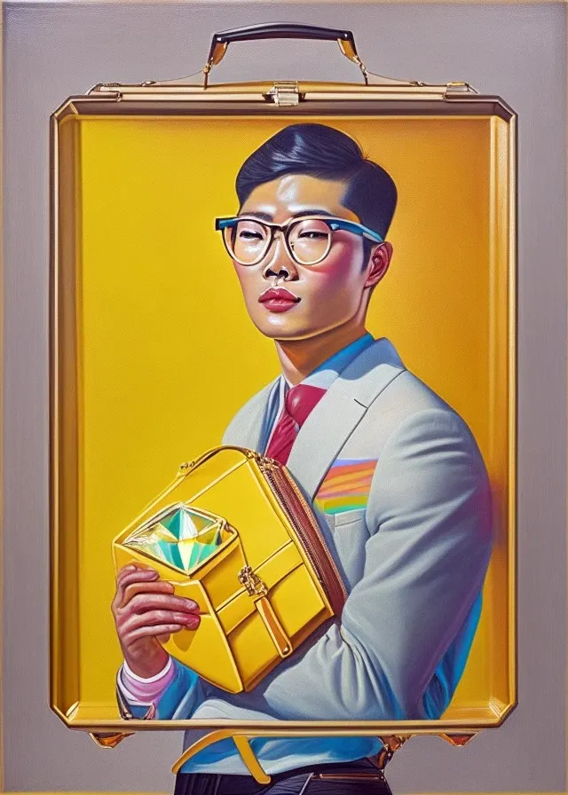 Emotionally Charged, Upright Standing, Multicolor Frame glasses, Metal Frame glasses, Symbolic techniques, Golden ratio composition, Summer, Metaphorical,  Symbolic,  Multi-layered,  Illustrative,  Revelatory, Char siu bao, Post-Impressionism, Diamond face, Yellow skin, Briefcase bag, Realism, Sling