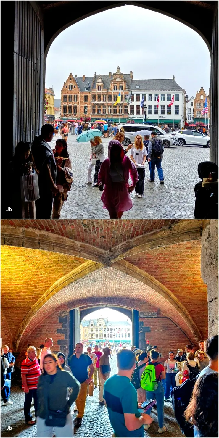 【市集廣場週邊,小雨仍下著。】