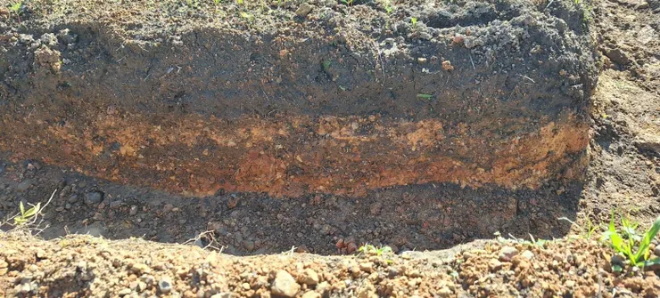 土地下層不易透水(咖啡色部分)，需透過怪手打破，以利排水